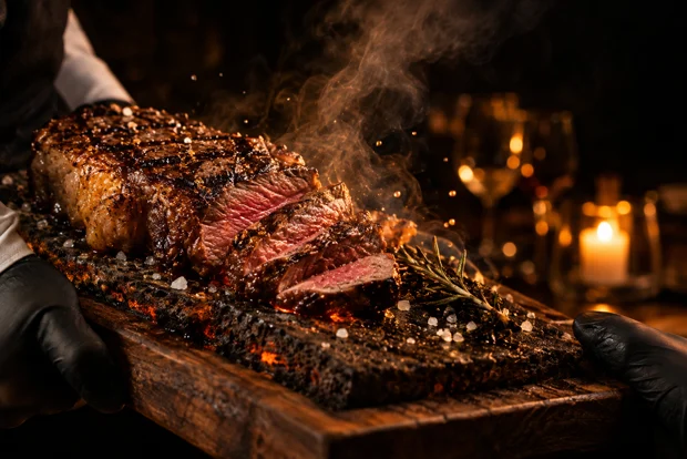 A la plancha en Loop Club: Carne al carbón que llega chispeando a la mesa.